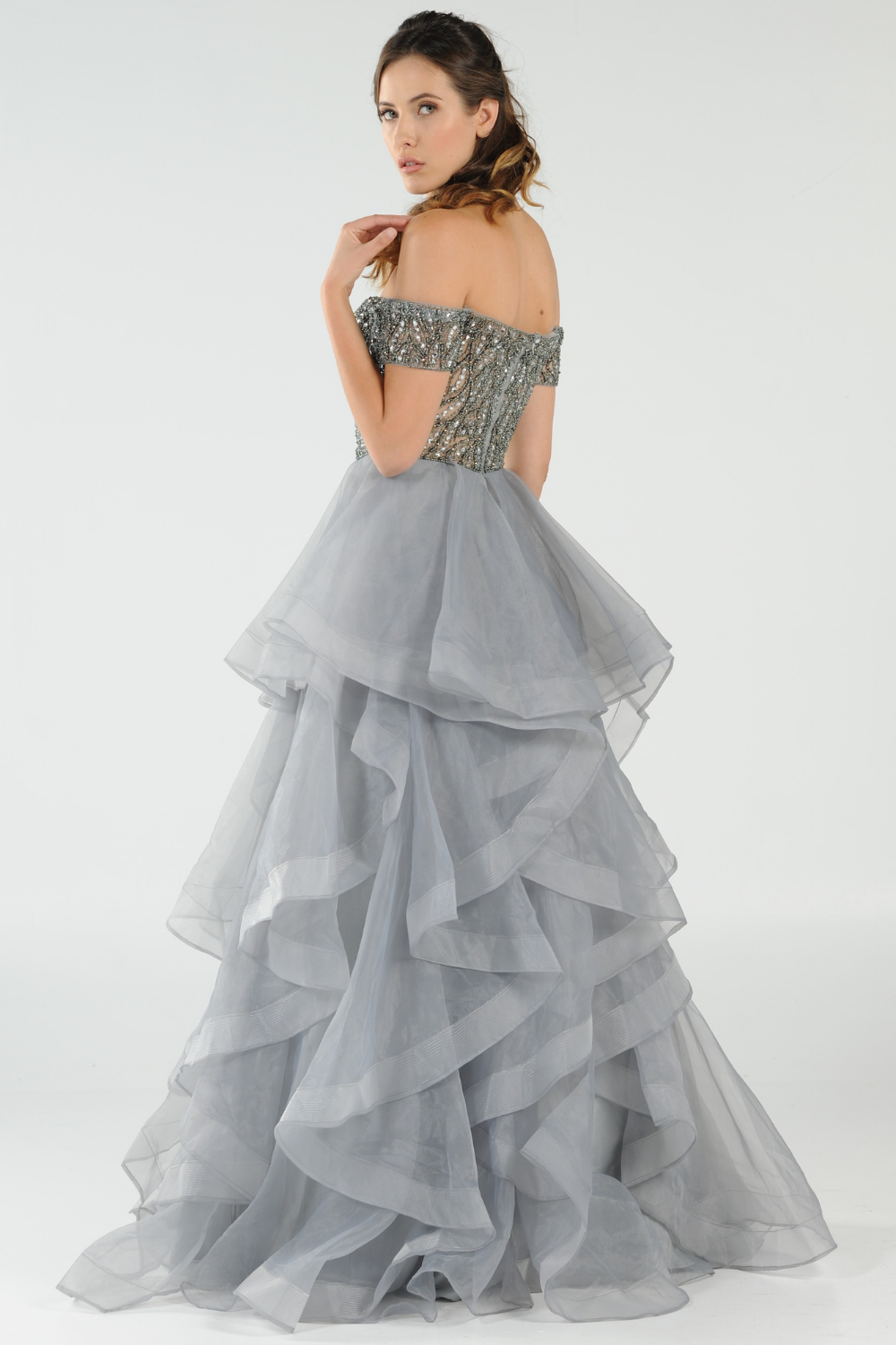 Poly USA 8006 - Heavily Beaded Off Shoulder Evening Gown Evening Dresses in Gray  
