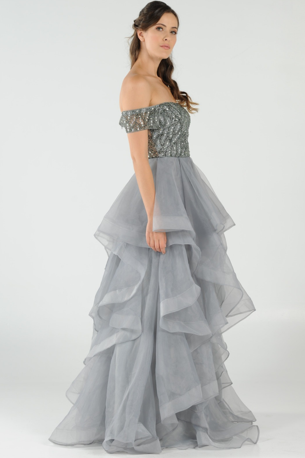 Poly USA 8006 - Heavily Beaded Off Shoulder Evening Gown Evening Dresses in Gray  