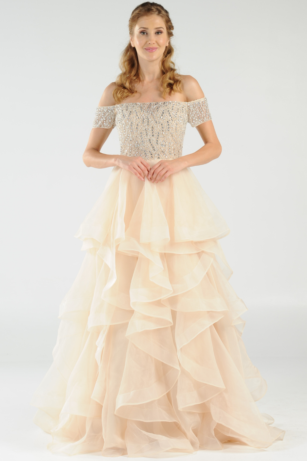 Poly USA 8006 - Heavily Beaded Off Shoulder Evening Gown Evening Dresses in Neutral  