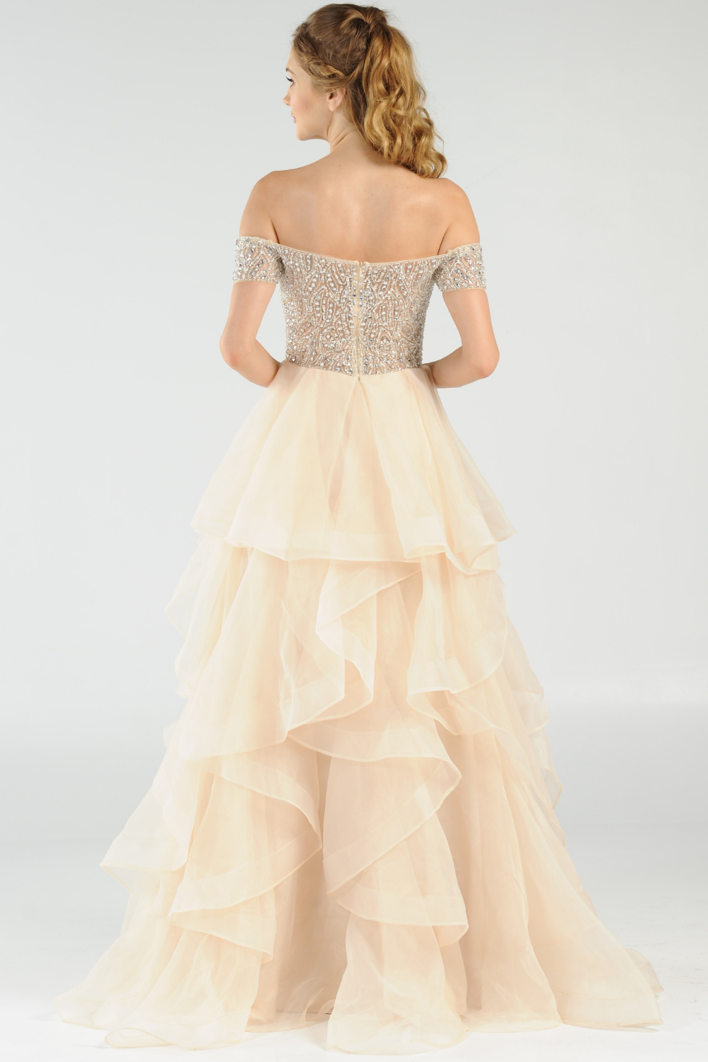 Poly USA 8006 - Heavily Beaded Off Shoulder Evening Gown Evening Dresses in Neutral  