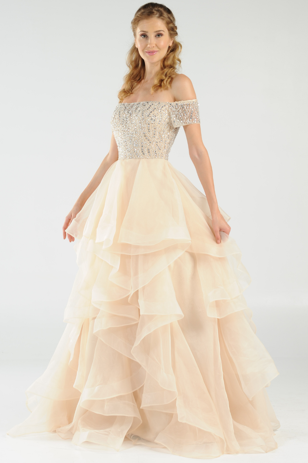 neutral evening dresses Poly USA 8006 - Long Organza, Mesh Ballgown Dress attribute:trend:academia None Sleeve Type Plus Size Prom Dress Band Size:36