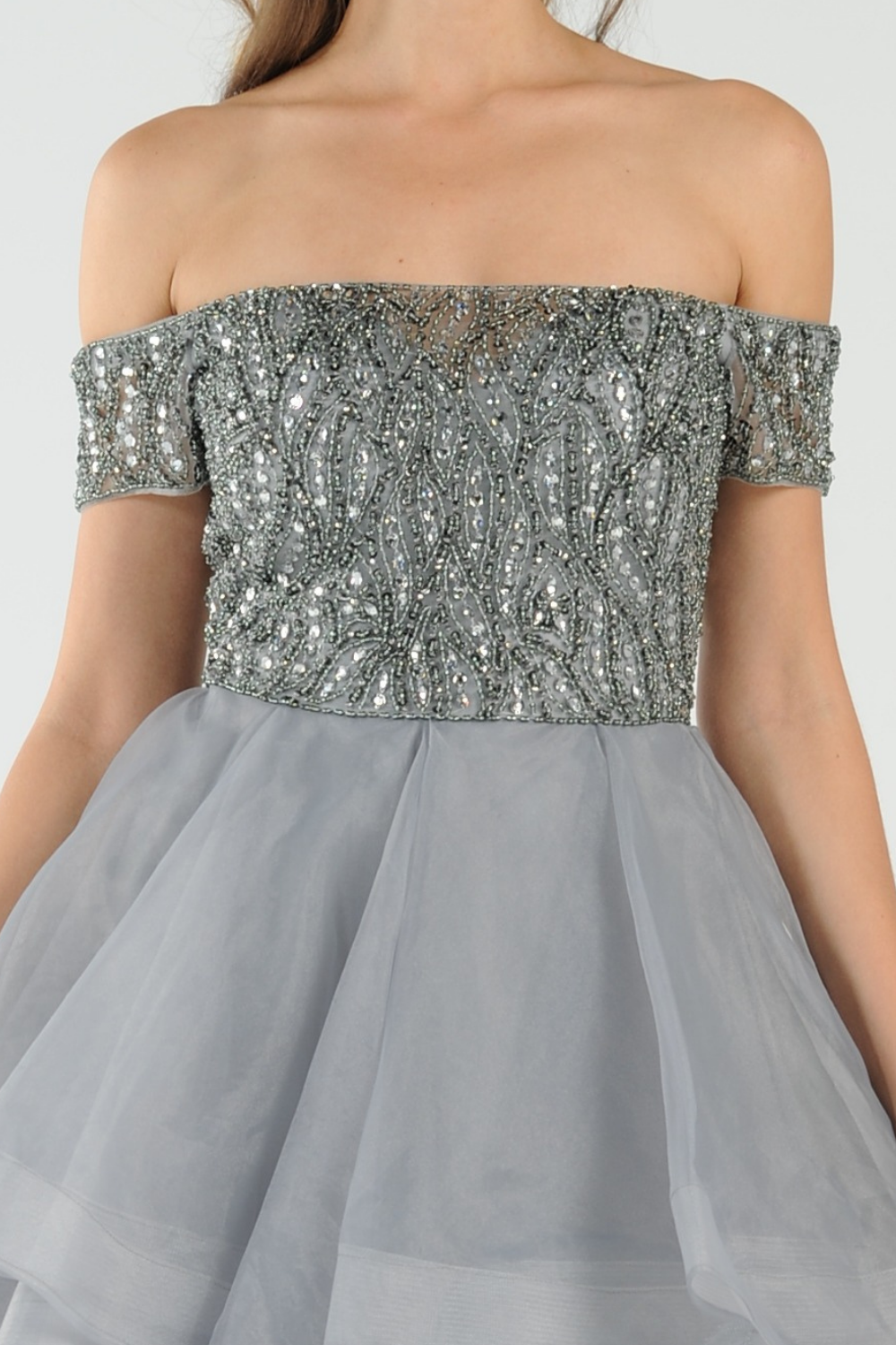 Poly USA 8006 - Heavily Beaded Off Shoulder Evening Gown Evening Dresses in Gray  