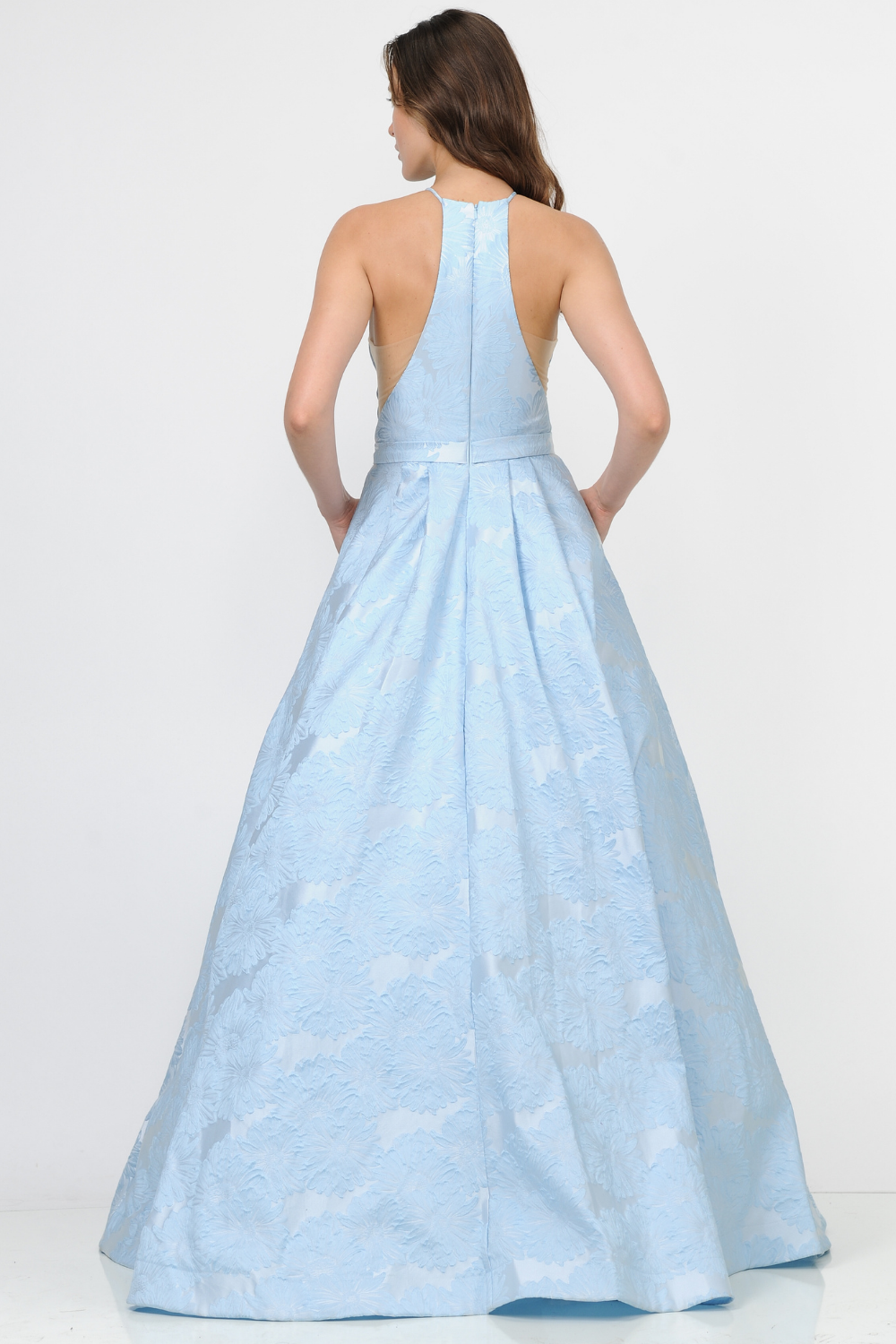 Poly USA 8402 - Illusion Cutout Floral Texture A-Line Gown Prom Dresses in Blue  