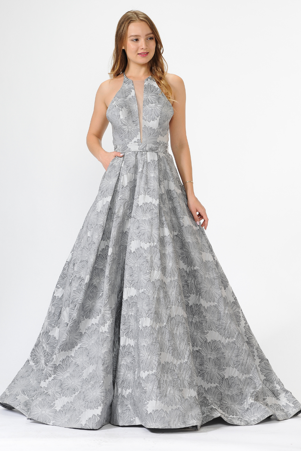 Poly USA 8402 - Illusion Cutout Floral Texture A-Line Gown Prom Dresses in Silver  