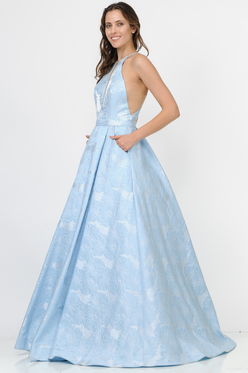 Poly USA 8402 - Illusion Cutout Floral Texture A-Line Gown Prom Dresses in Blue  