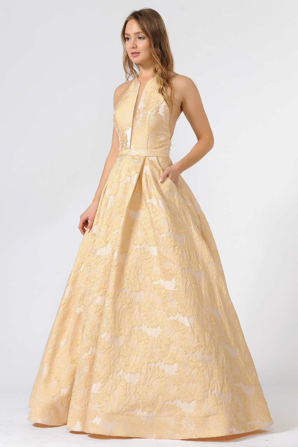 Poly USA 8402 - Illusion Cutout Floral Texture A-Line Gown Prom Dresses in Neutral  