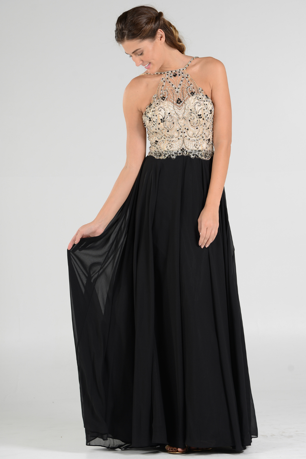 Poly USA 7826 - Beaded Detail Sleeveless Halter Gown Prom Dresses in Top In Black