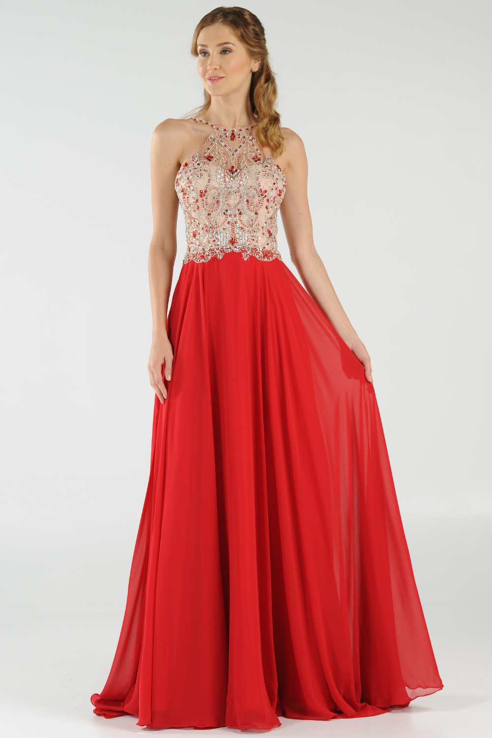 Poly USA 7826 - Beaded Detail Sleeveless Halter Gown Prom Dresses in Top In Red