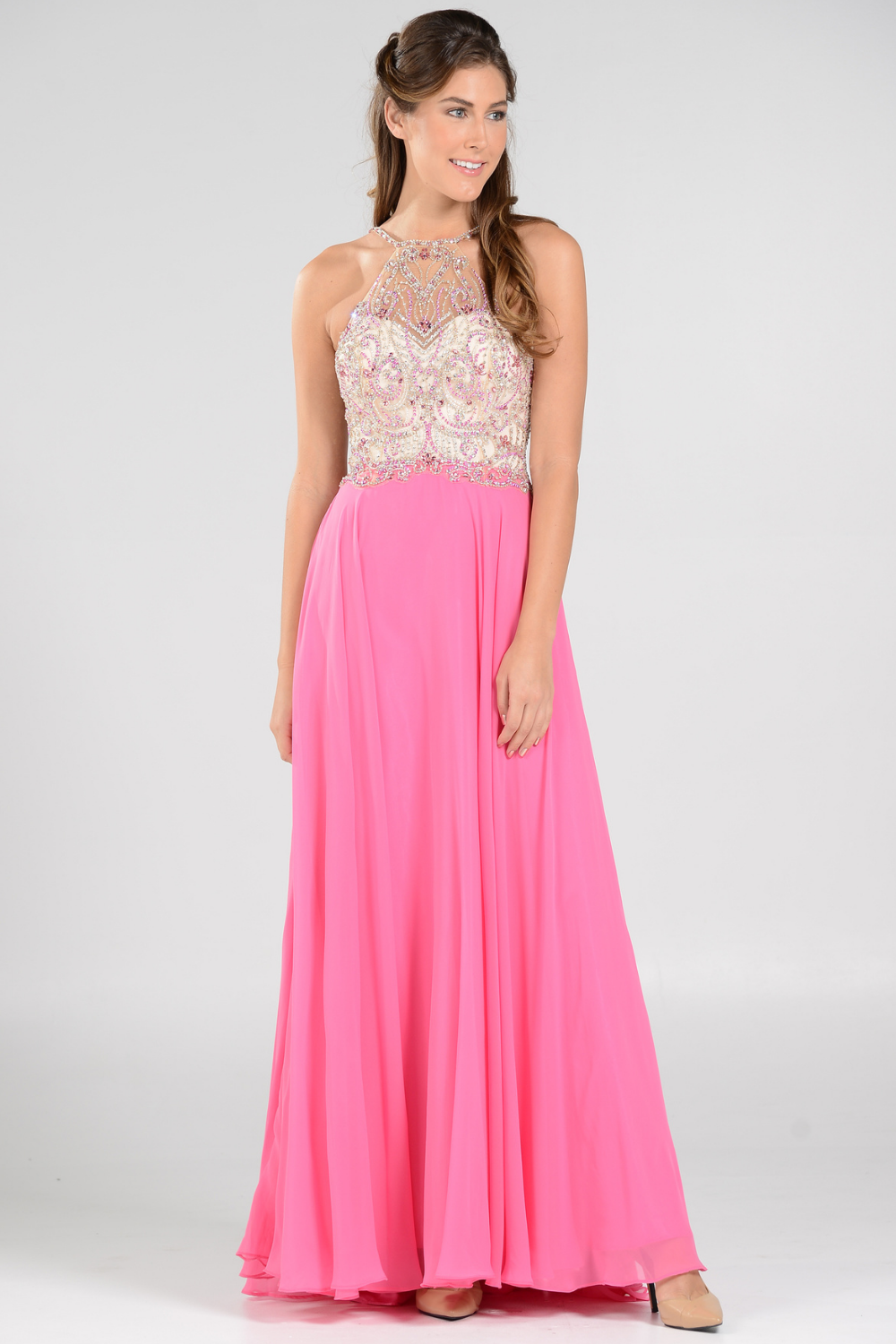 Poly USA 7826 - Beaded Detail Sleeveless Halter Gown Prom Dresses in Top In Pink