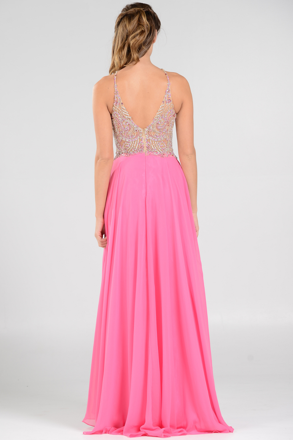Poly USA 7826 - Beaded Detail Sleeveless Halter Gown Prom Dresses in Top In Pink