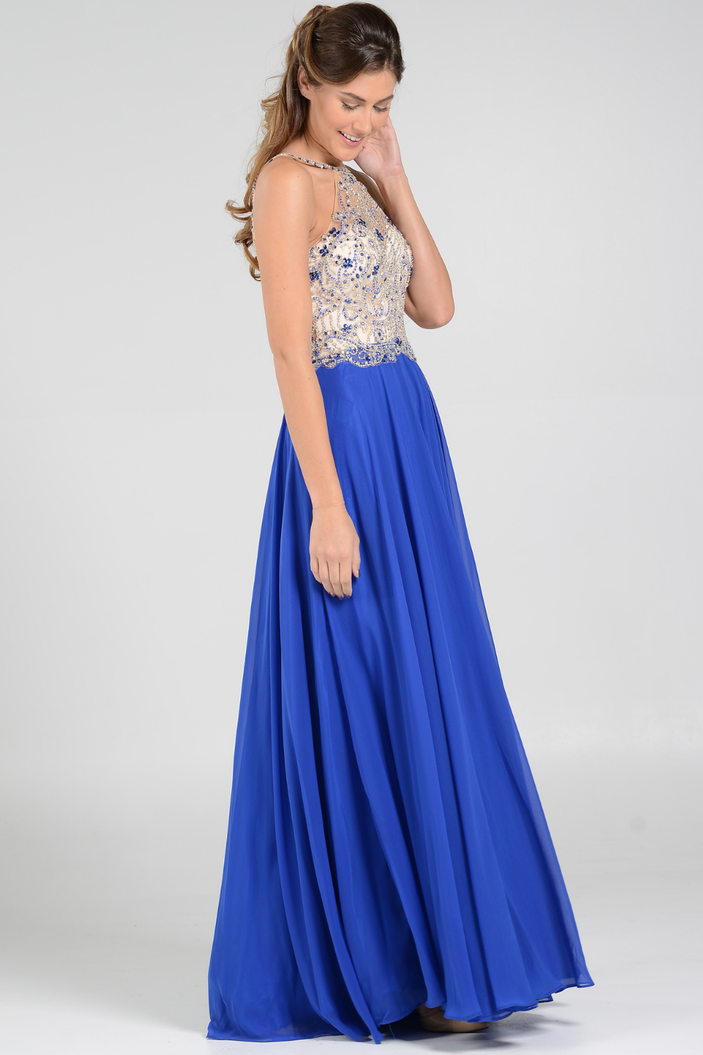 Poly USA 7826 - Beaded Detail Sleeveless Halter Gown Prom Dresses in Top In Blue