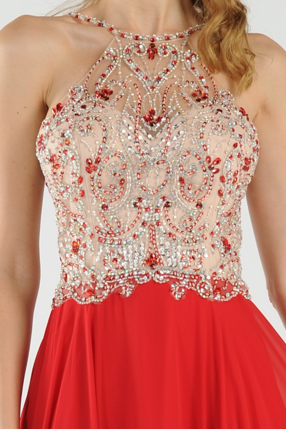 Poly USA 7826 - Beaded Detail Sleeveless Halter Gown Prom Dresses in Top In Red