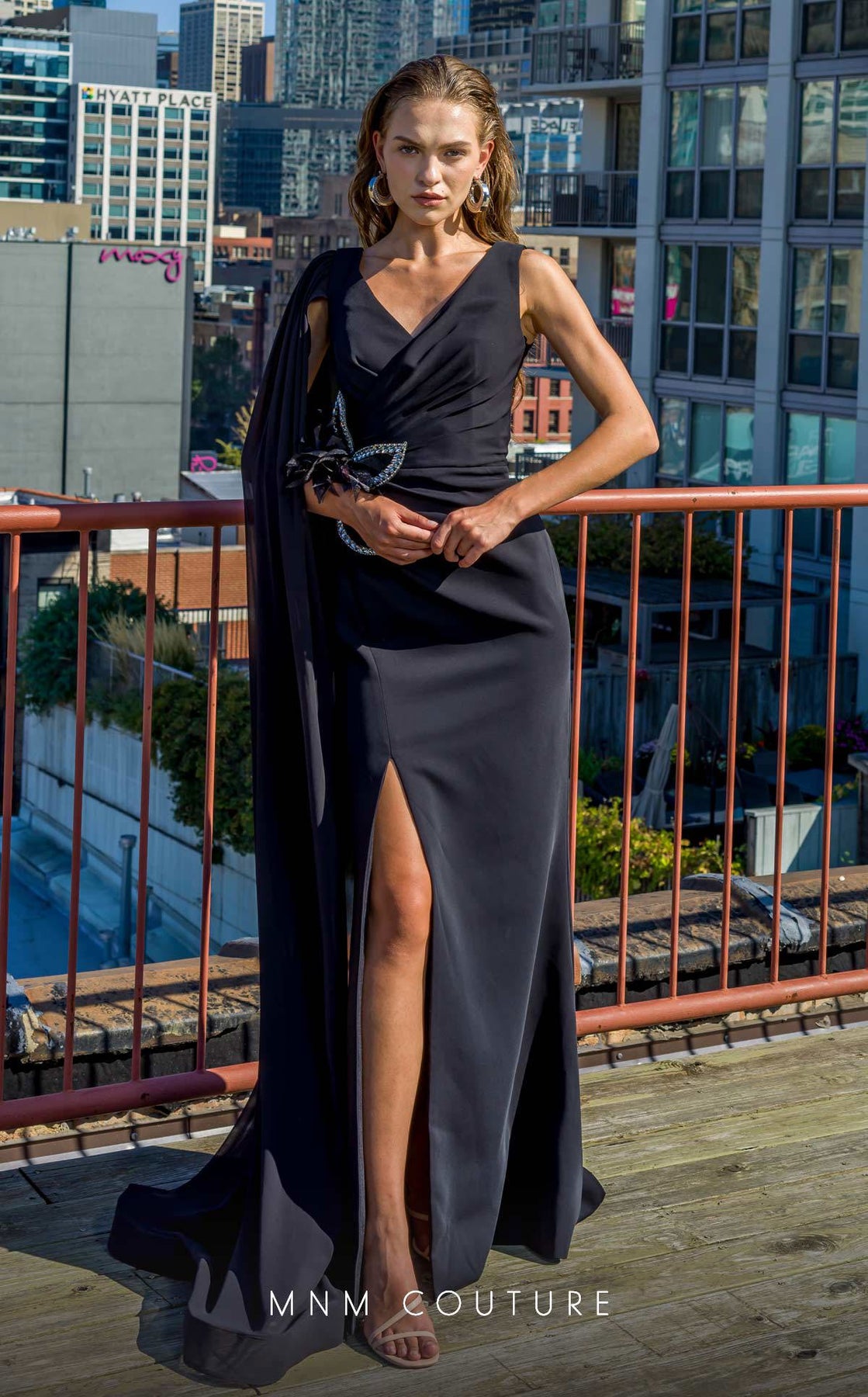 MNM COUTURE V07523 - Rhinestone Brooch Surplice V-Neck Gown