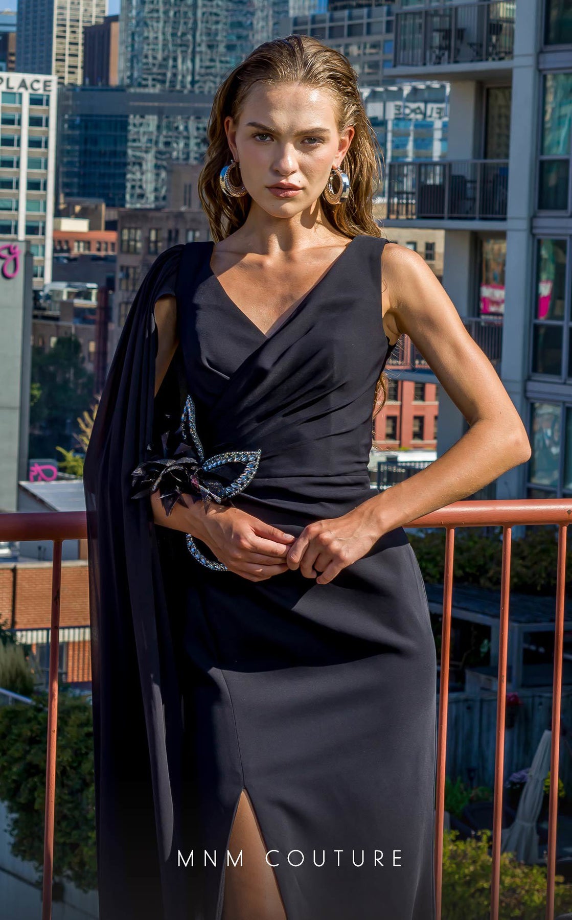 MNM COUTURE V07523 - Rhinestone Brooch Surplice V-Neck Gown