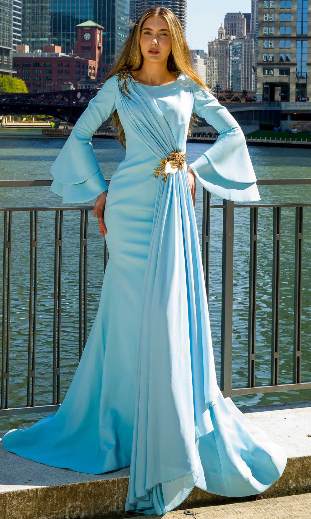 MNM COUTURE V07553 - Scoop Neckline Draped Sheath Gown Mother of the Bride Dresses in Light Blue