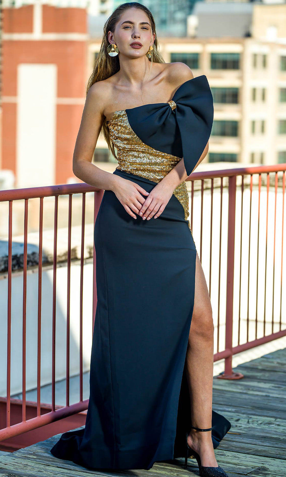 MNM COUTURE V07567 - Strapless Sequin Rayon Crepe Gown Formal Gowns in Black Gold