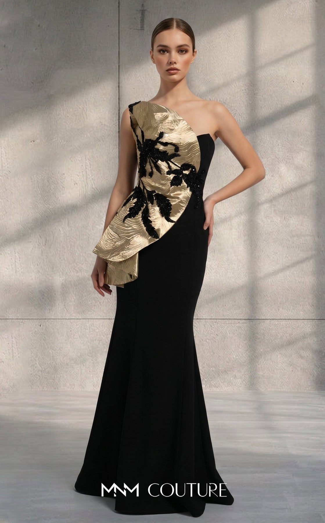 MNM COUTURE V08036 - One Shoulder Beaded Accent Mermaid Evening Gown