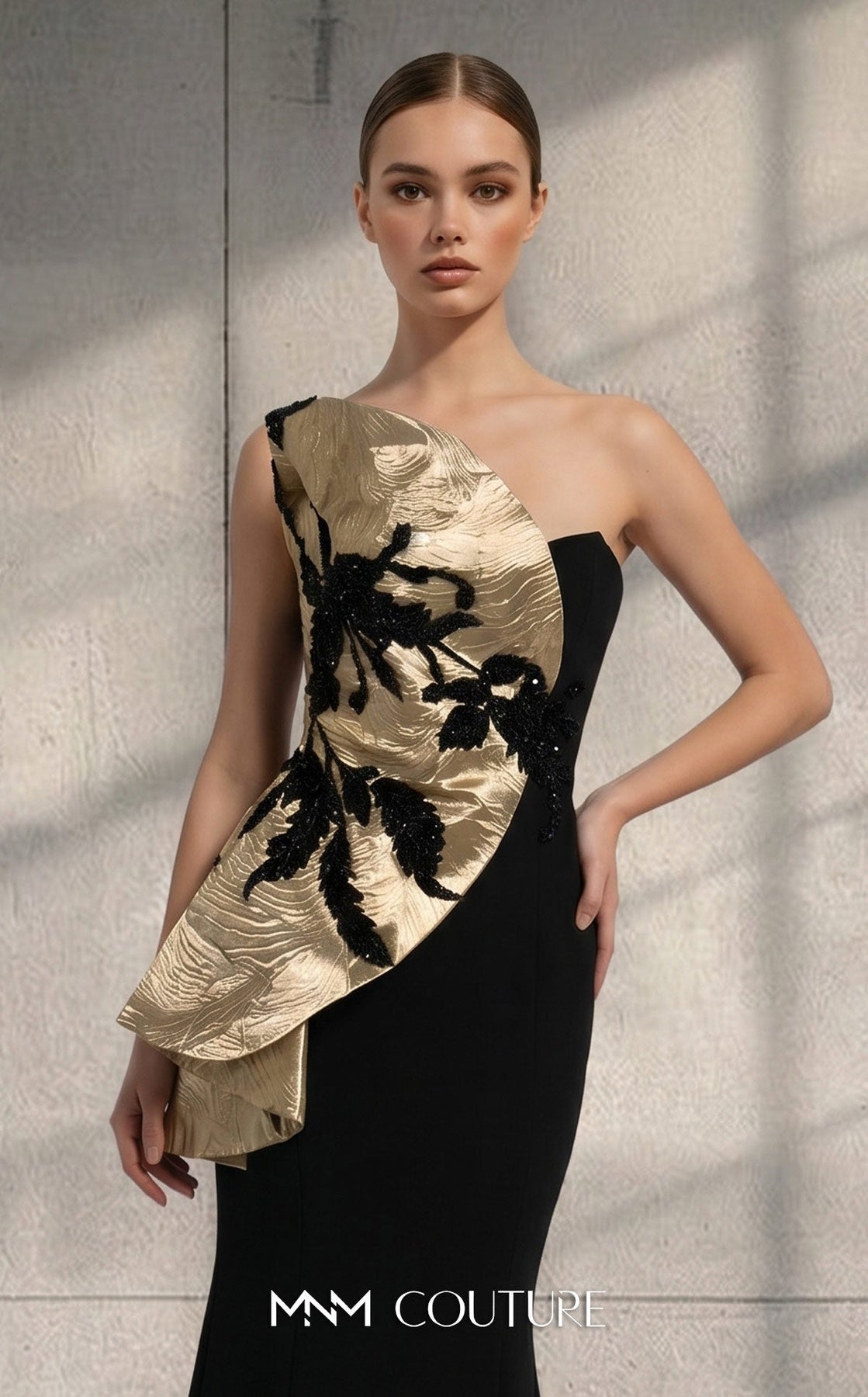 MNM COUTURE V08036 - One Shoulder Beaded Accent Mermaid Evening Gown
