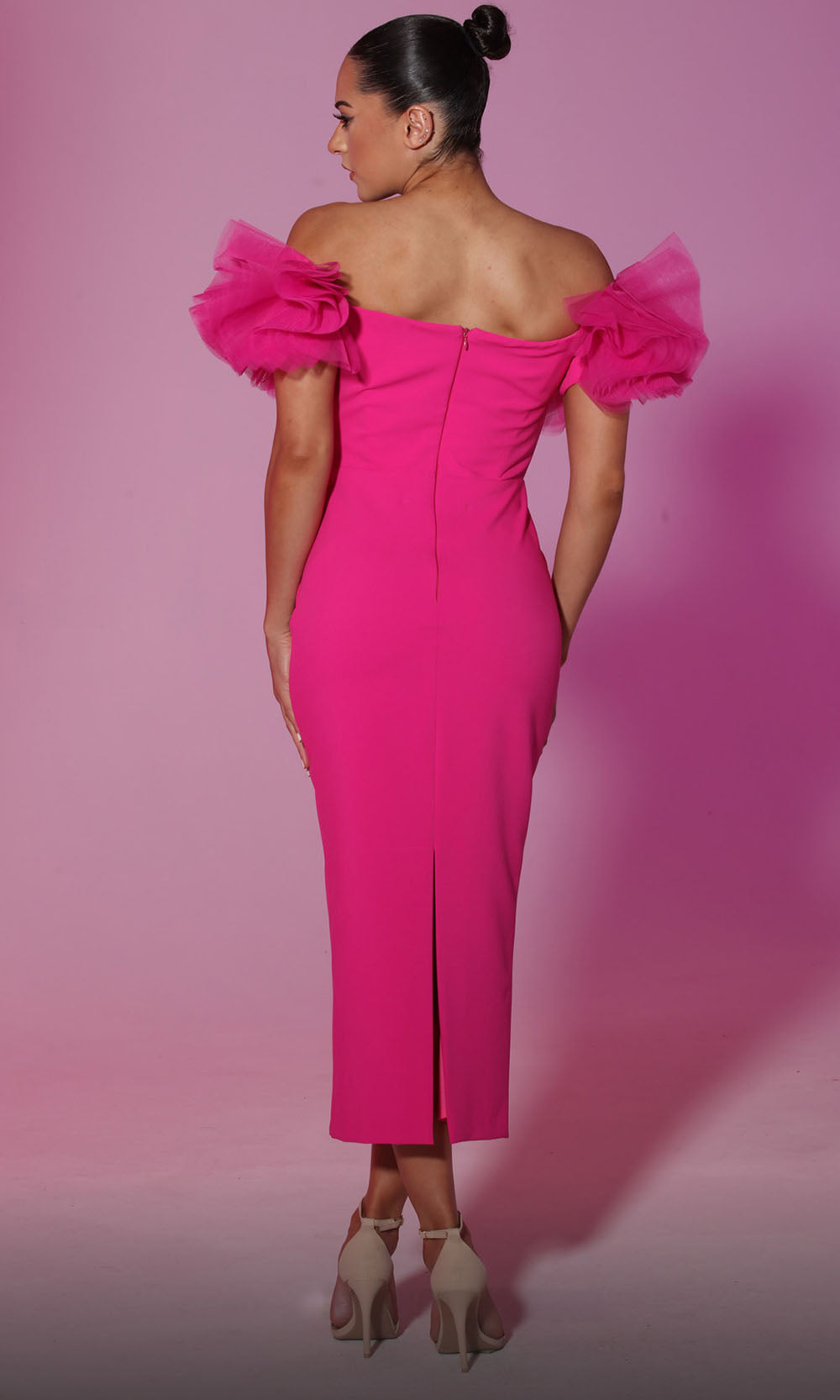 MNM COUTURE V6708 - Tea-Length Off Shoulder Cocktail Dress Cocktail Dresses in Pink