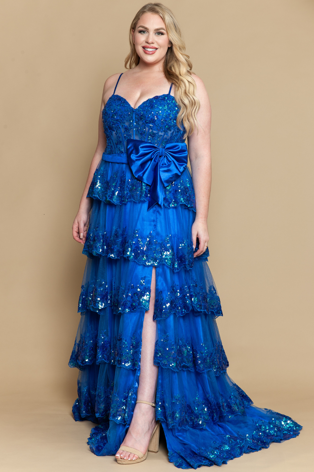 Poly USA W1162 - Sweetheart Lace Applique Tiered Gown Prom Dresses in Blue  
