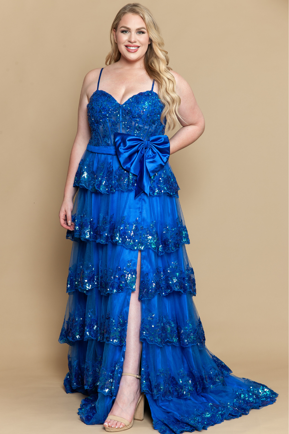 Poly USA W1162 - Sweetheart Lace Applique Tiered Gown Prom Dresses in Blue  