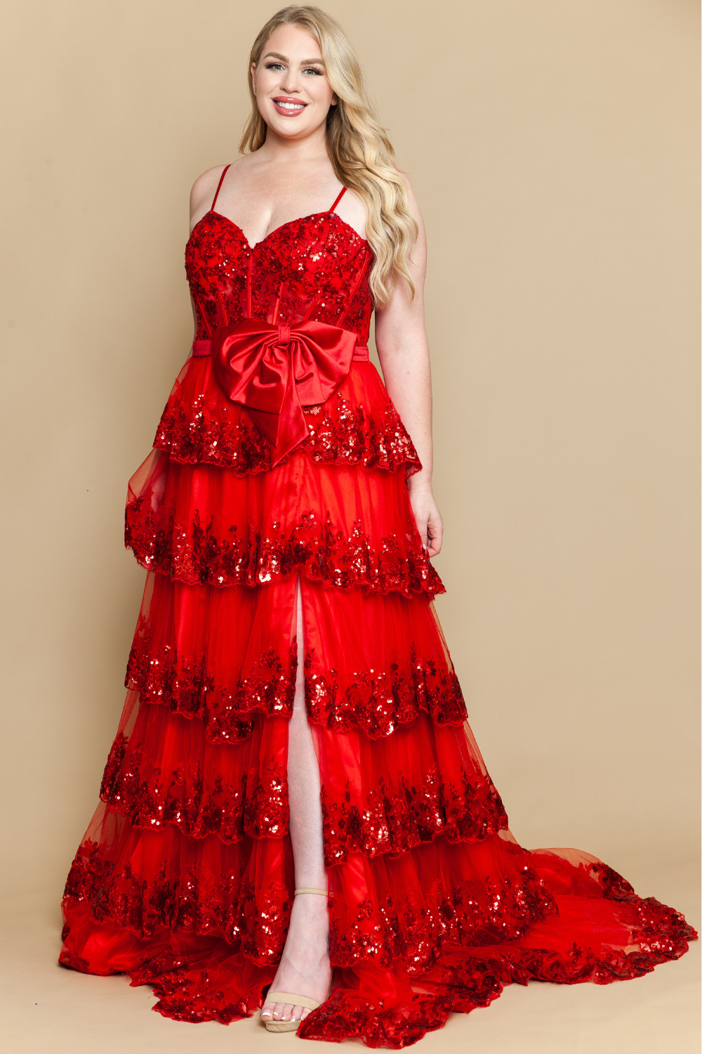 Poly USA W1162 - Sweetheart Lace Applique Tiered Gown Prom Dresses in Red  