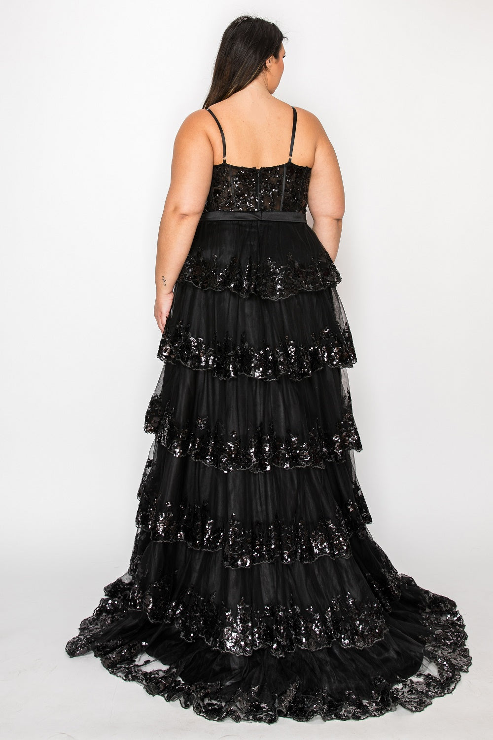 Poly USA W1162 - Sweetheart Lace Applique Tiered Gown Prom Dresses in Black  