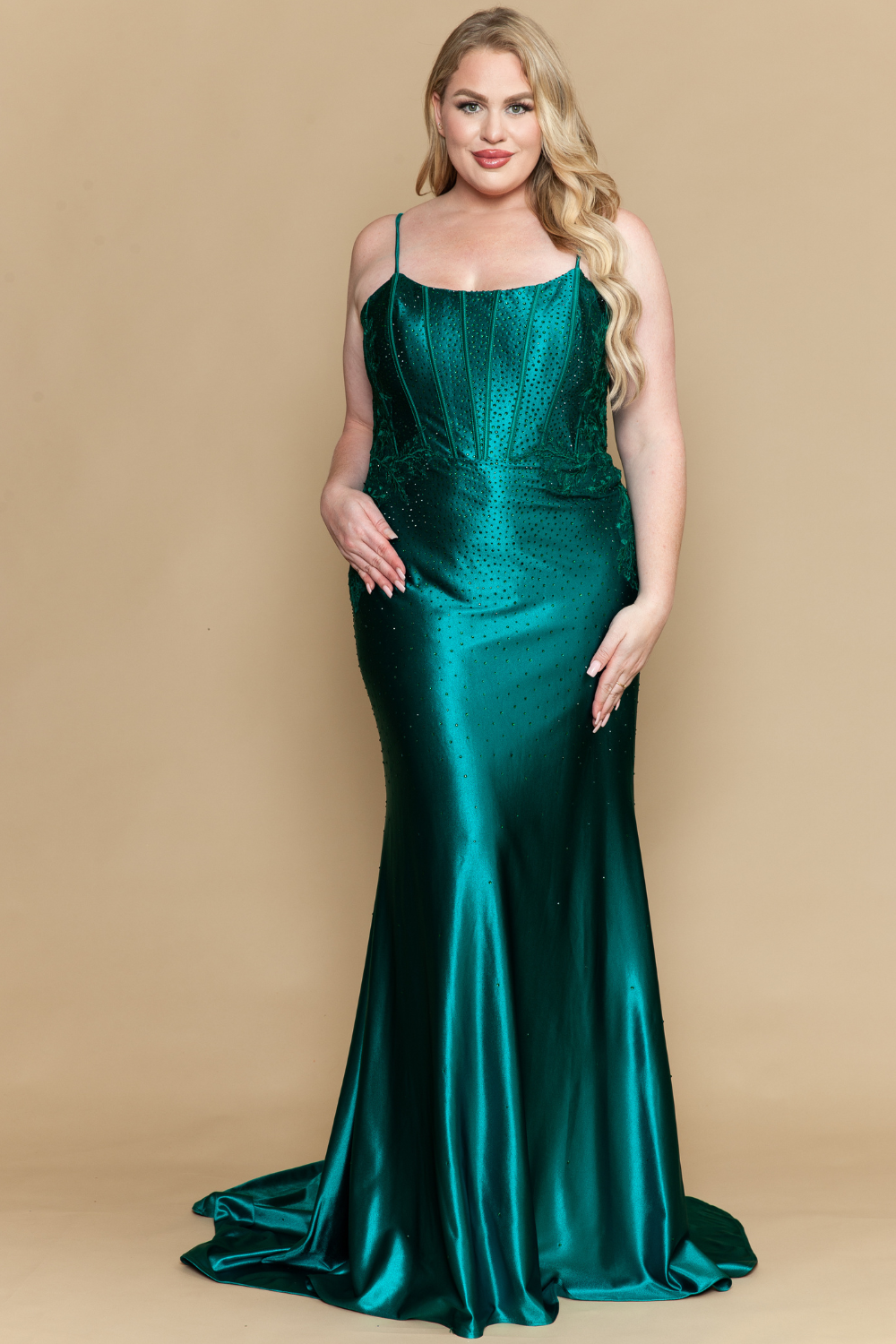 Poly USA W1164 - Beaded Lace Spaghetti Strap Long Gown Prom Dresses in Green  