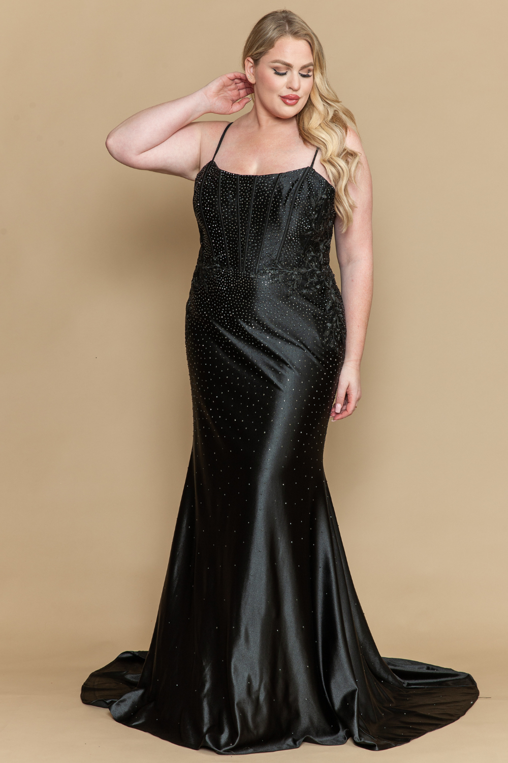Poly USA W1164 - Beaded Lace Spaghetti Strap Long Gown Prom Dresses in Black  