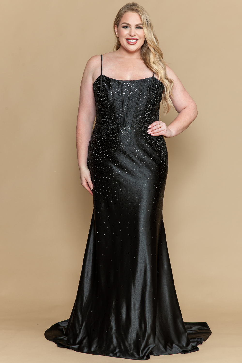 Poly USA W1164 - Beaded Lace Spaghetti Strap Long Gown Prom Dresses in Black  
