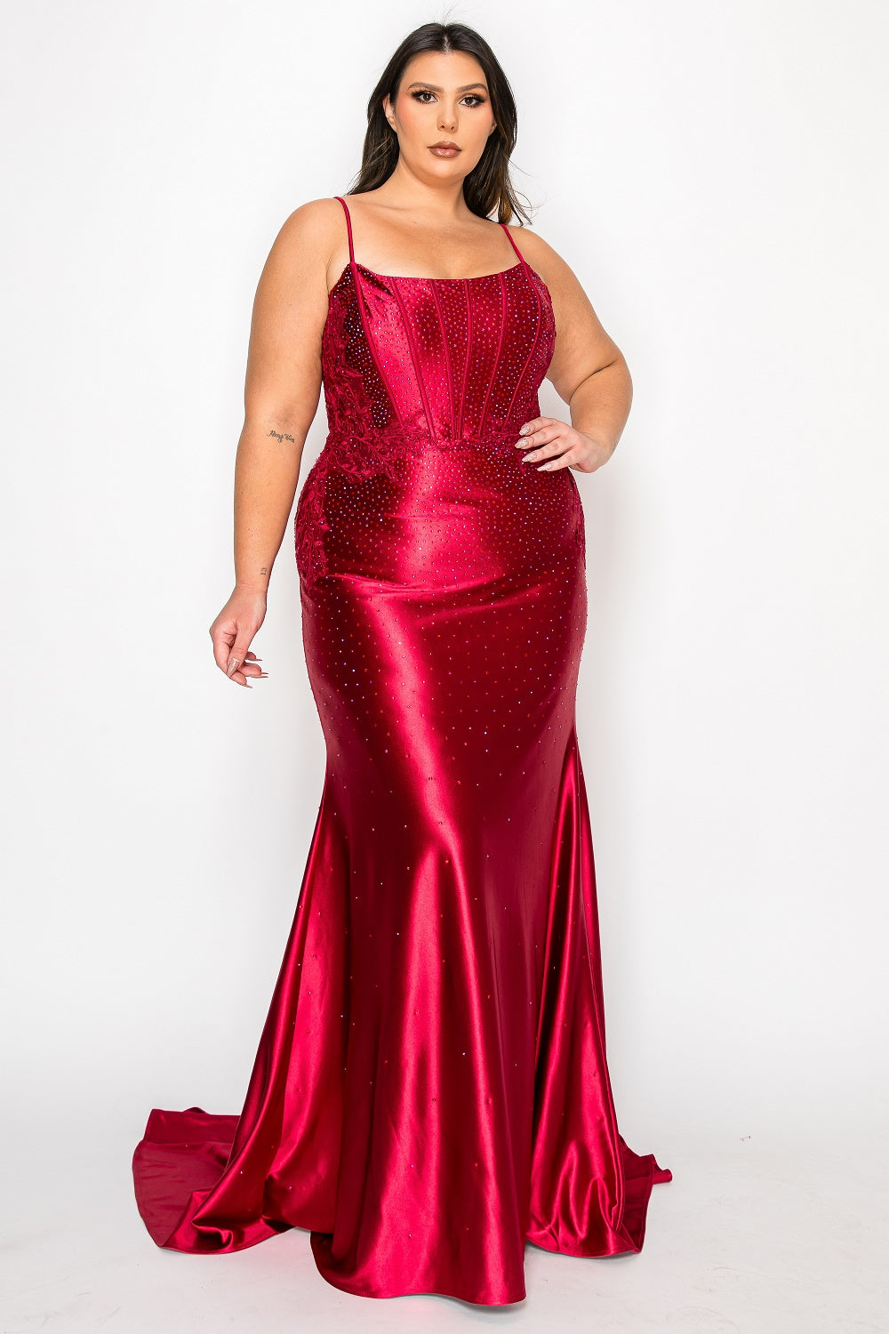 Poly USA W1164 - Beaded Lace Spaghetti Strap Long Gown Prom Dresses in Red  