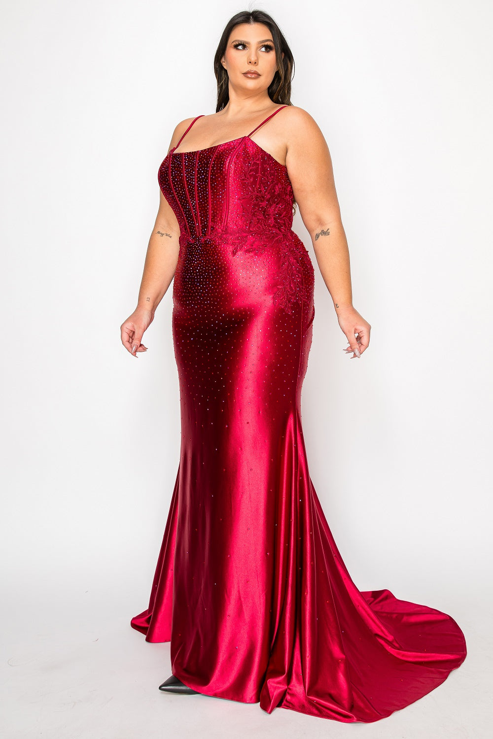 Poly USA W1164 - Beaded Lace Spaghetti Strap Long Gown Prom Dresses in Red  