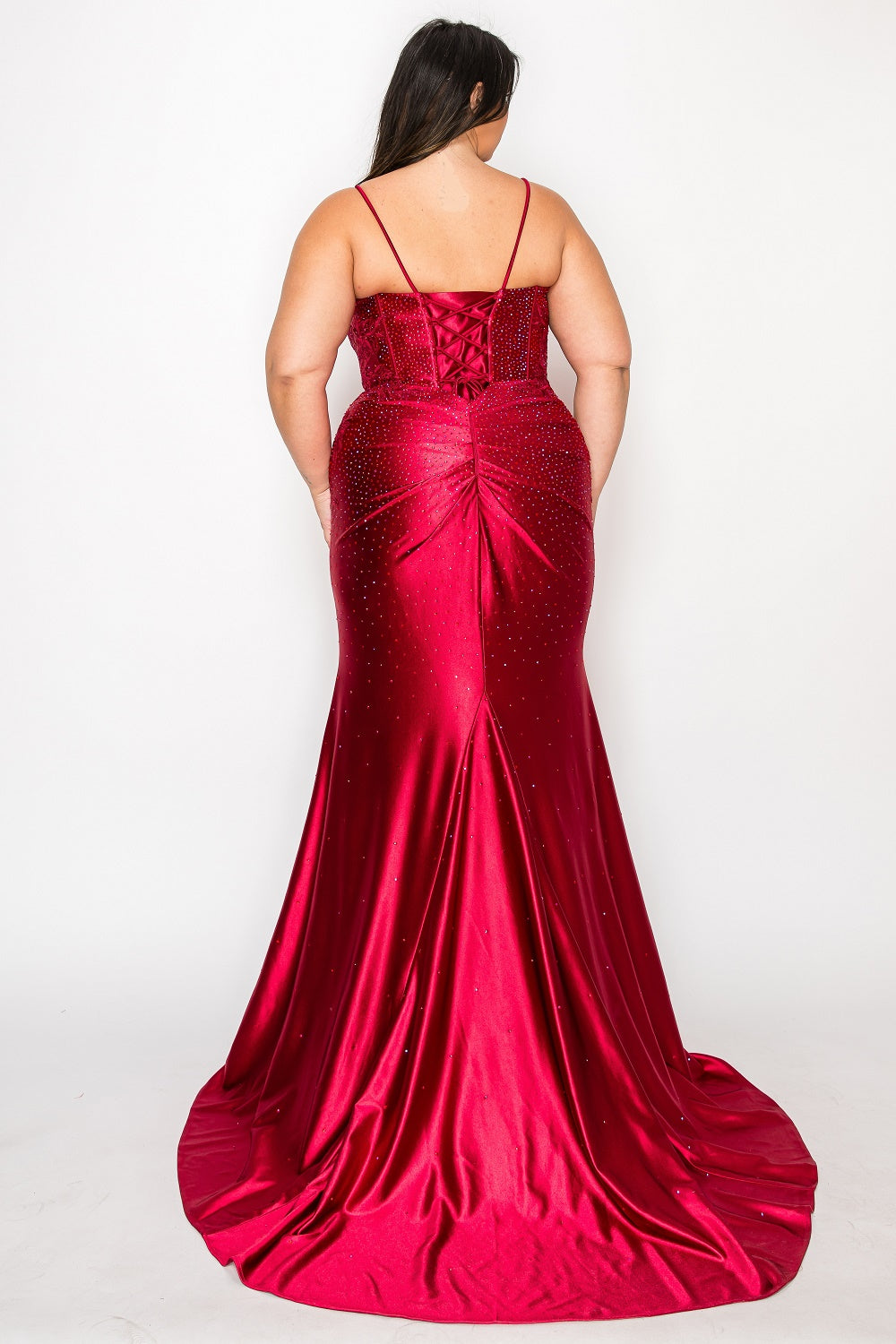 Poly USA W1164 - Beaded Lace Spaghetti Strap Long Gown Prom Dresses in Red  