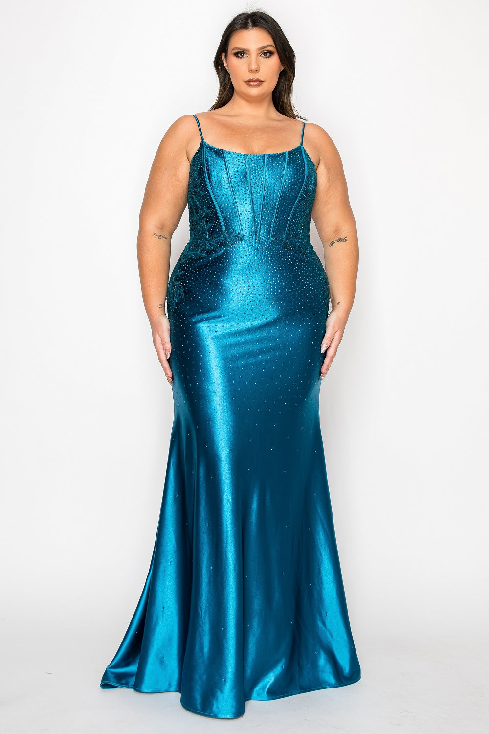 Poly USA W1164 - Beaded Lace Spaghetti Strap Long Gown Prom Dresses in Blue  