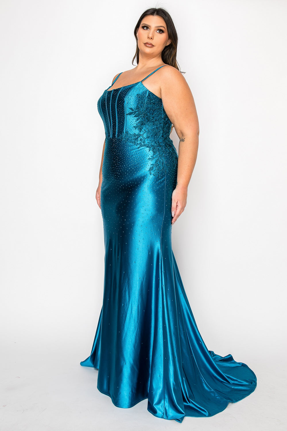Poly USA W1164 - Beaded Lace Spaghetti Strap Long Gown Prom Dresses in Blue  
