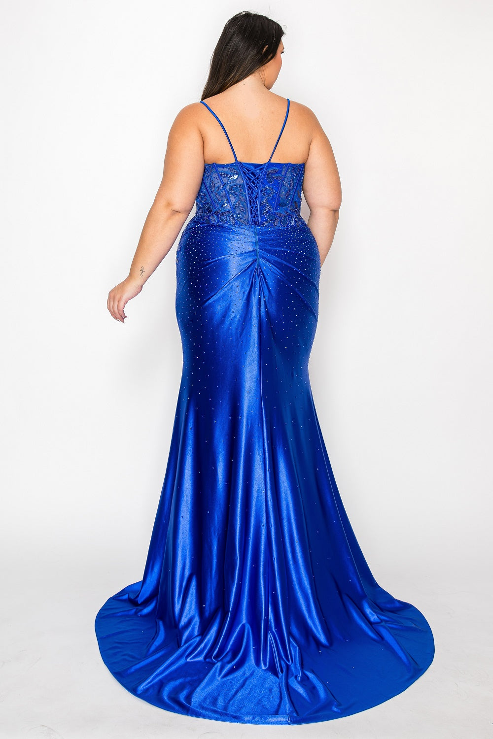 Poly USA W1166 - Deep V-Neck Rhinestone Ornate Long Gown Cocktail Dresses in Blue  