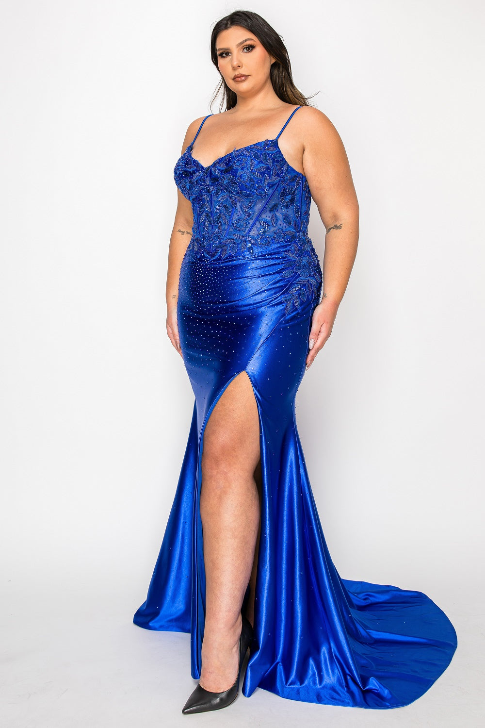 Poly USA W1166 - Deep V-Neck Rhinestone Ornate Long Gown Cocktail Dresses in Blue  