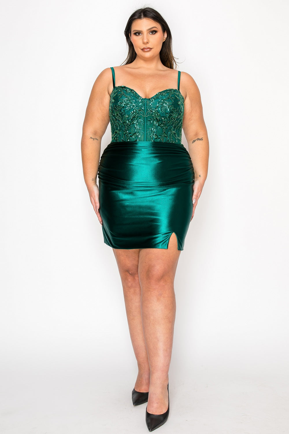 Poly USA W1178 - Plus Size Sleeveless Sheath Mini Dress Cocktail Dress in Green  