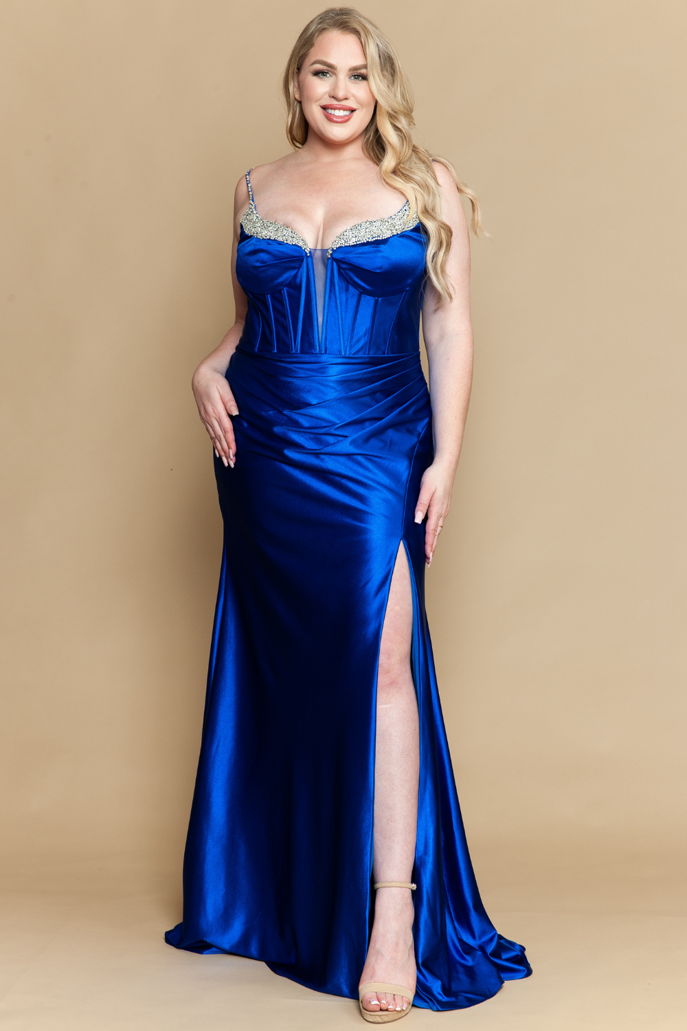 Poly USA W1180 - Deep Sweetheart Satin Gown with Beaded Trim Prom Dresses in Blue  