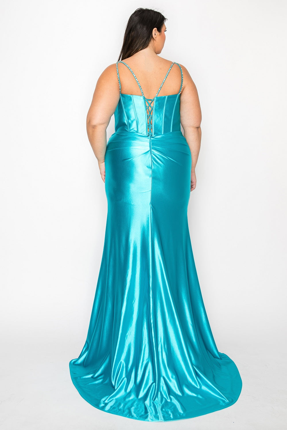 Poly USA W1180 - Deep Sweetheart Satin Gown with Beaded Trim Prom Dresses in Blue  