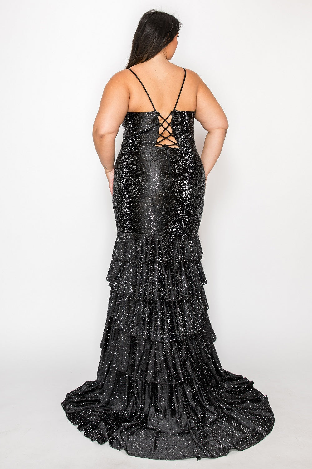 Poly USA W1184 - Scoop Neckline Tiered Ruffle Evening Gown Prom Dresses in Black  