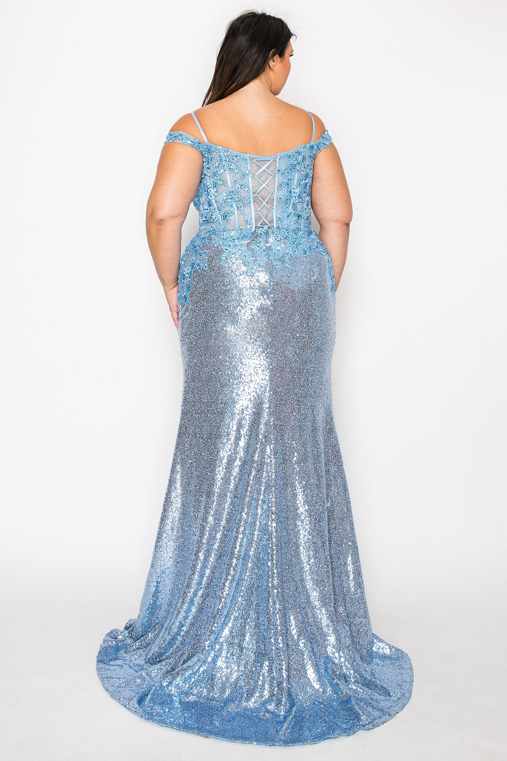 Poly USA W1186 - Embroidered Corset Sequin Sheath Evening Gown Prom Dresses in Blue  