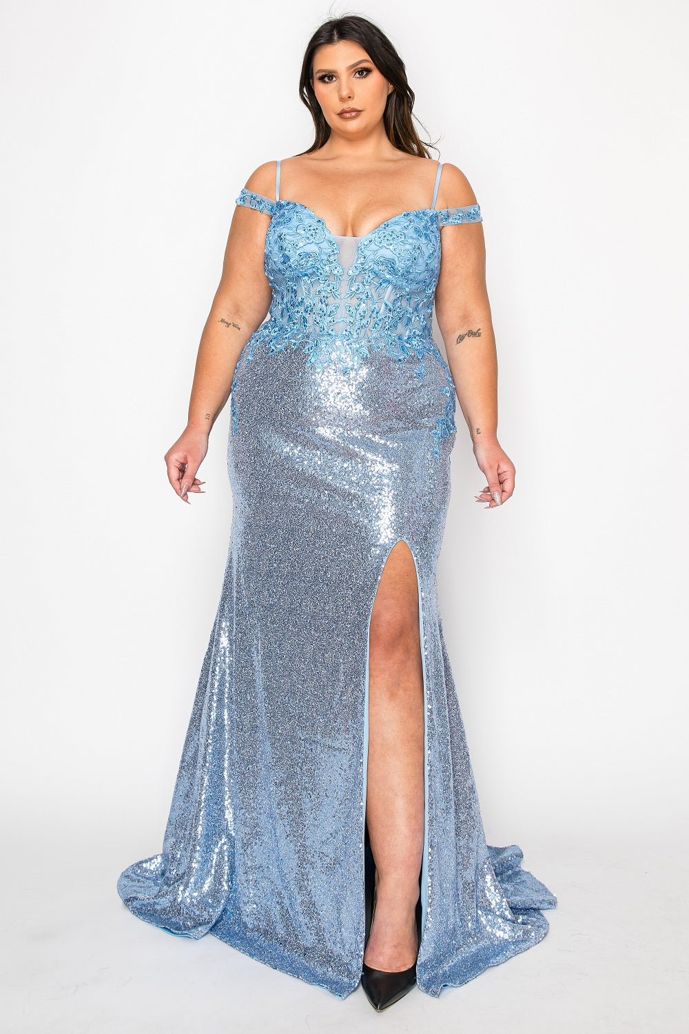 Poly USA W1186 - Embroidered Corset Sequin Sheath Evening Gown Prom Dresses in Blue  