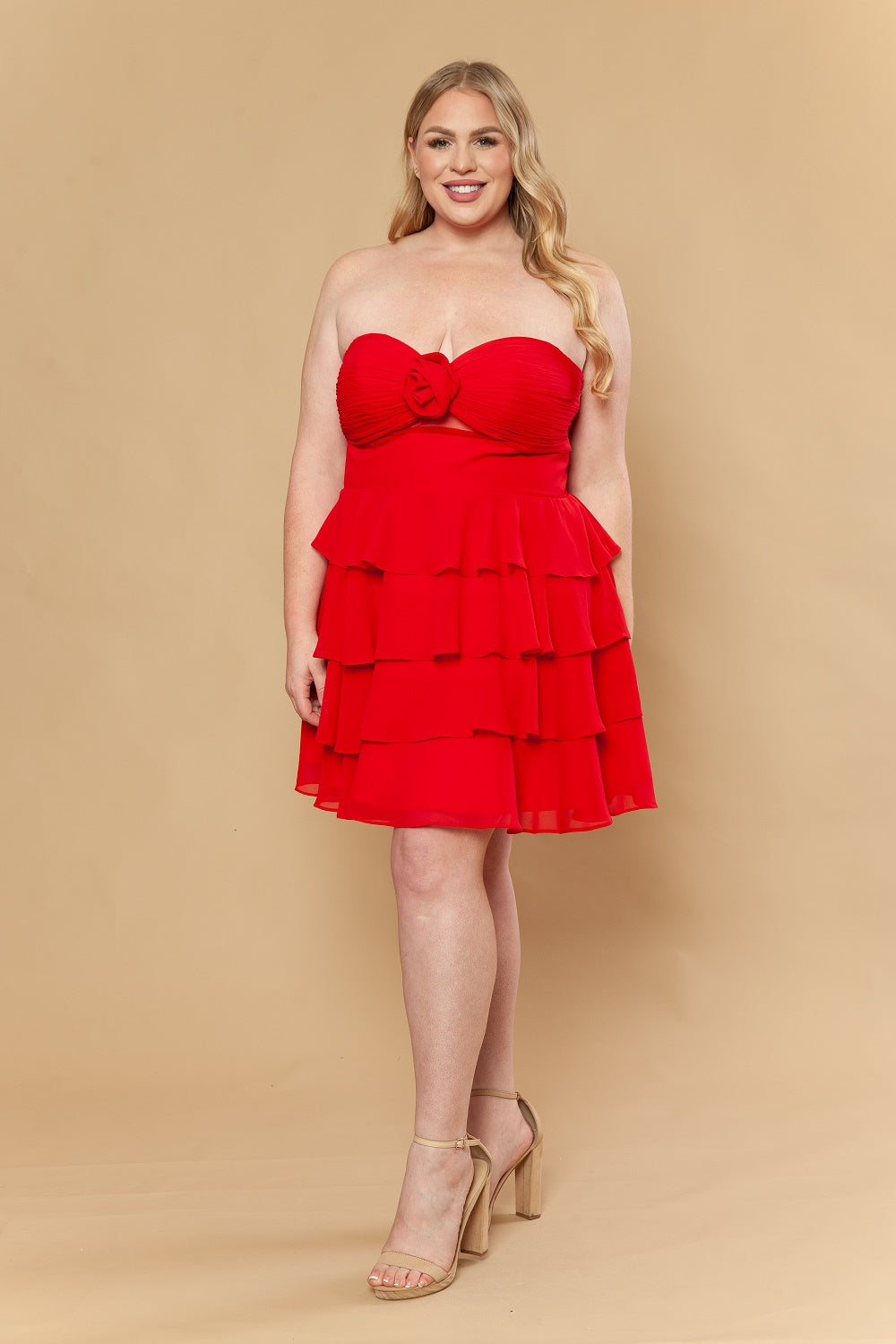 Poly USA W1218 - Rosette Accent Sweetheart Tiered Party Dress Cocktail Dresses in Red  