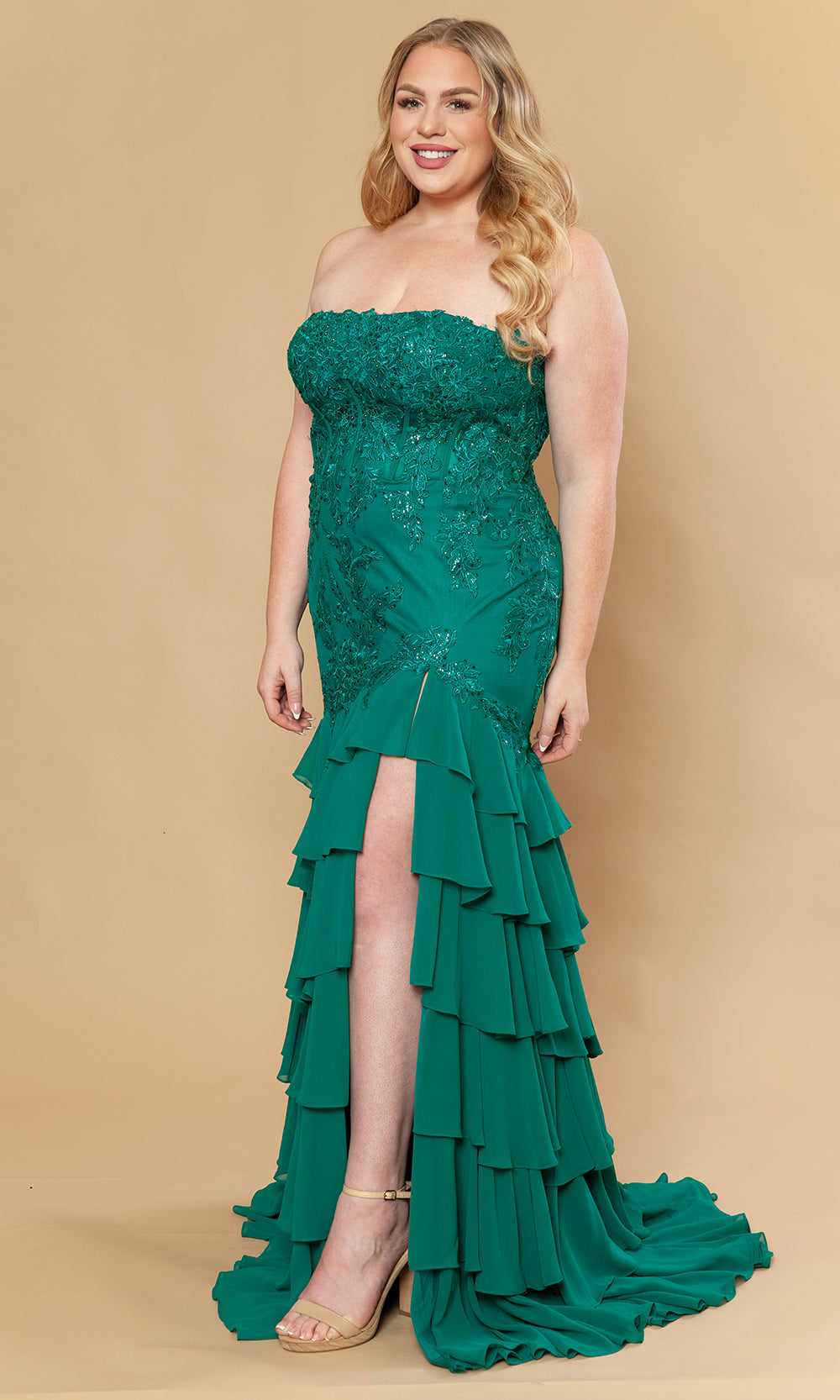 Poly USA W1230 - Straight Neckline Ruffle Gown with Embroidery Prom Dresses