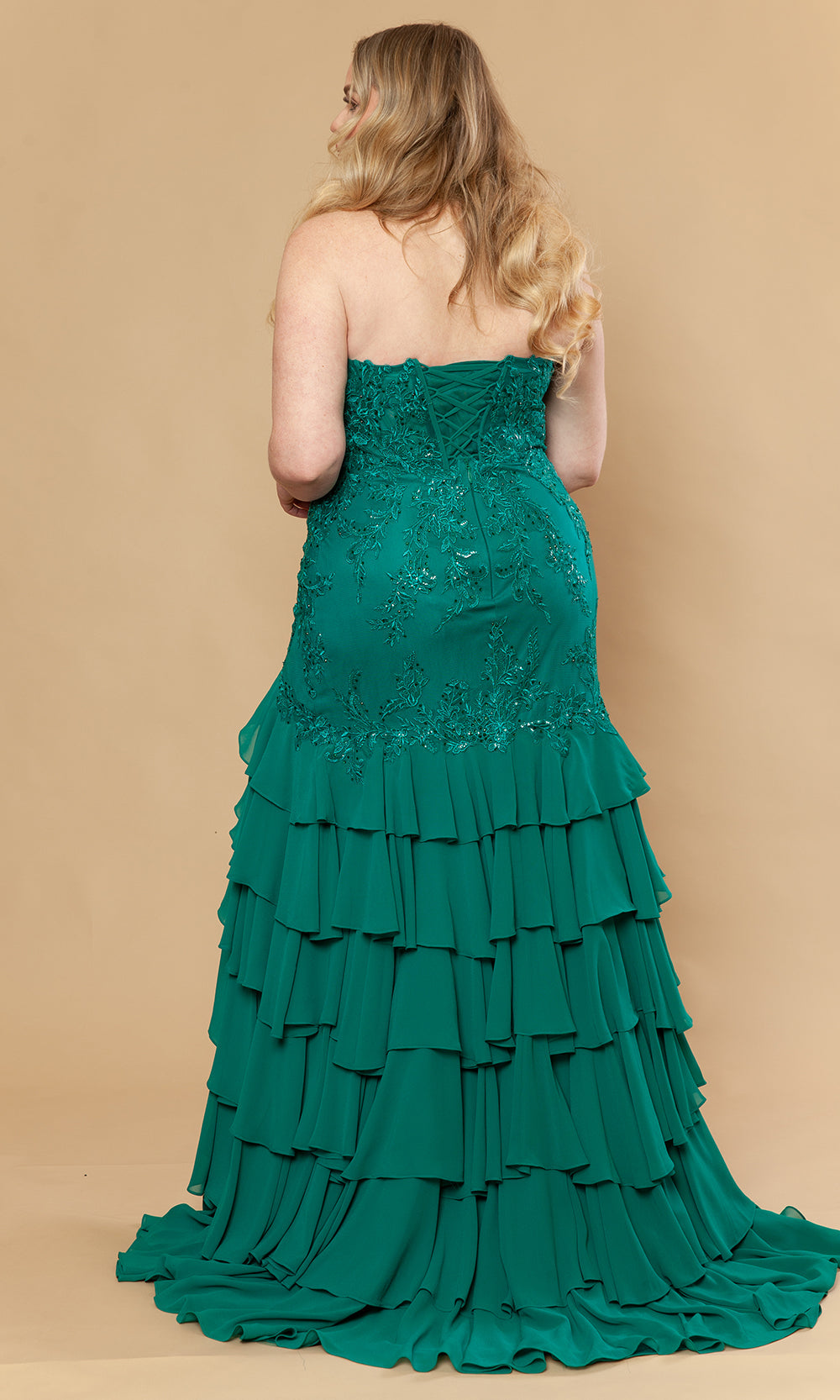 Poly USA W1230 - Straight Neckline Ruffle Gown with Embroidery Prom Dresses