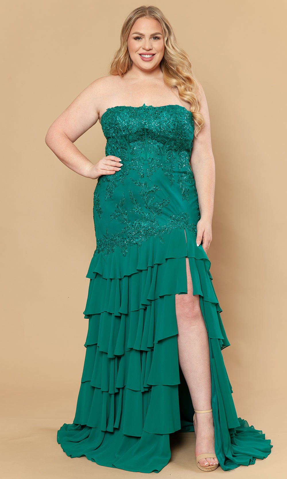 Poly USA W1230 - Straight Neckline Ruffle Gown with Embroidery Prom Dresses