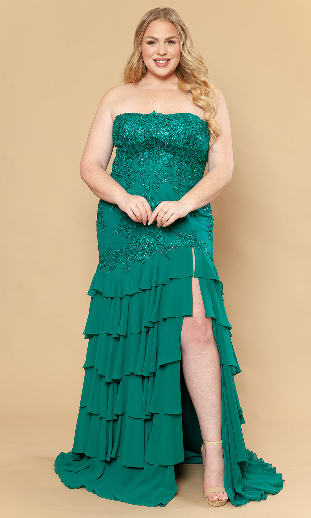 Poly USA W1230 - Straight Neckline Ruffle Gown with Embroidery Prom Dresses
