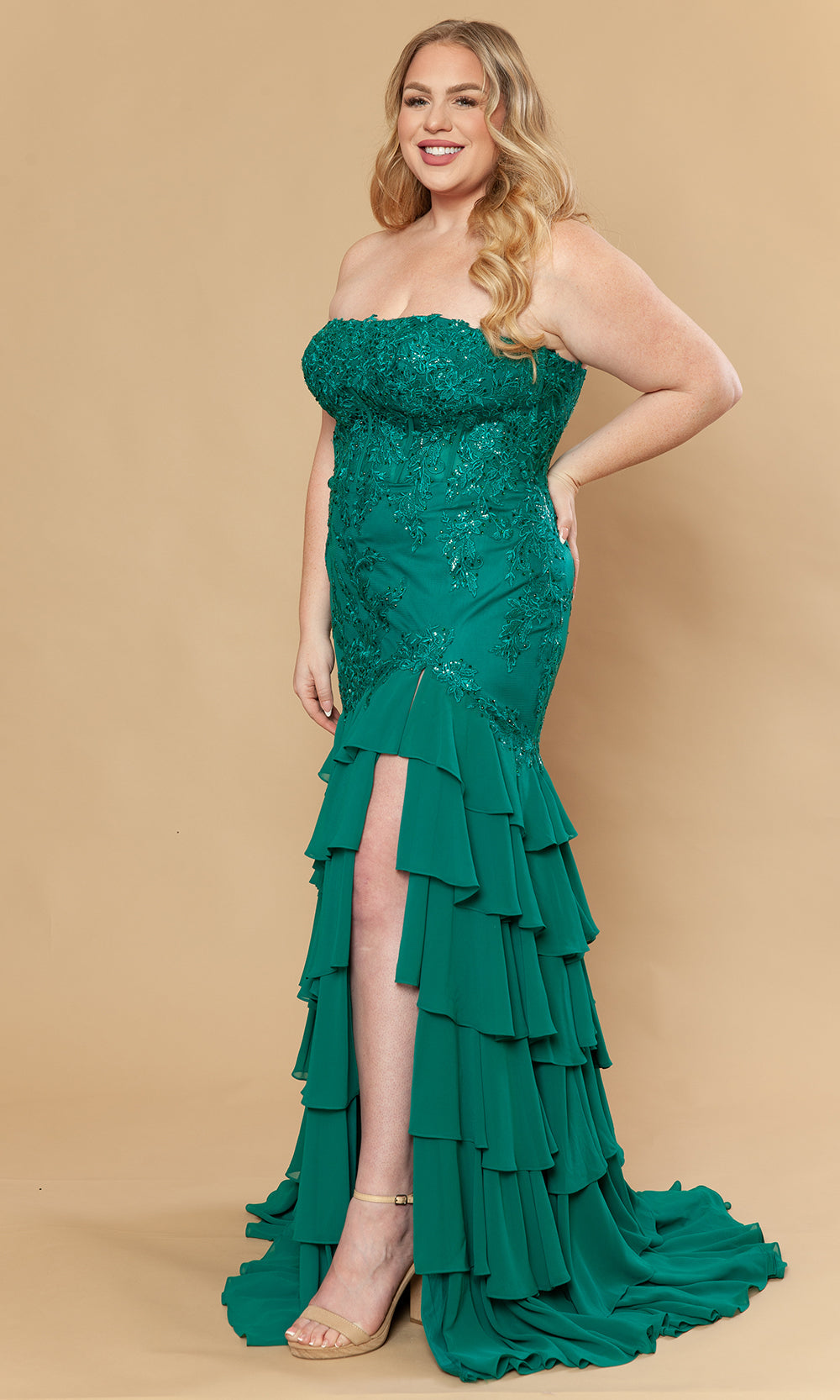 Poly USA W1230 - Straight Neckline Ruffle Gown with Embroidery Prom Dresses