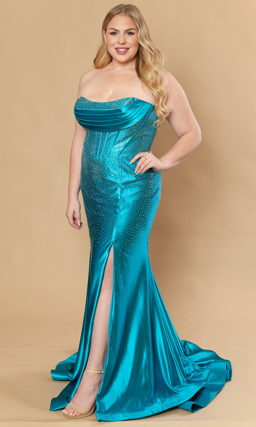 Poly USA W1232 - Scattered Beadwork Strapless Plus Size Gown Prom Dresses
